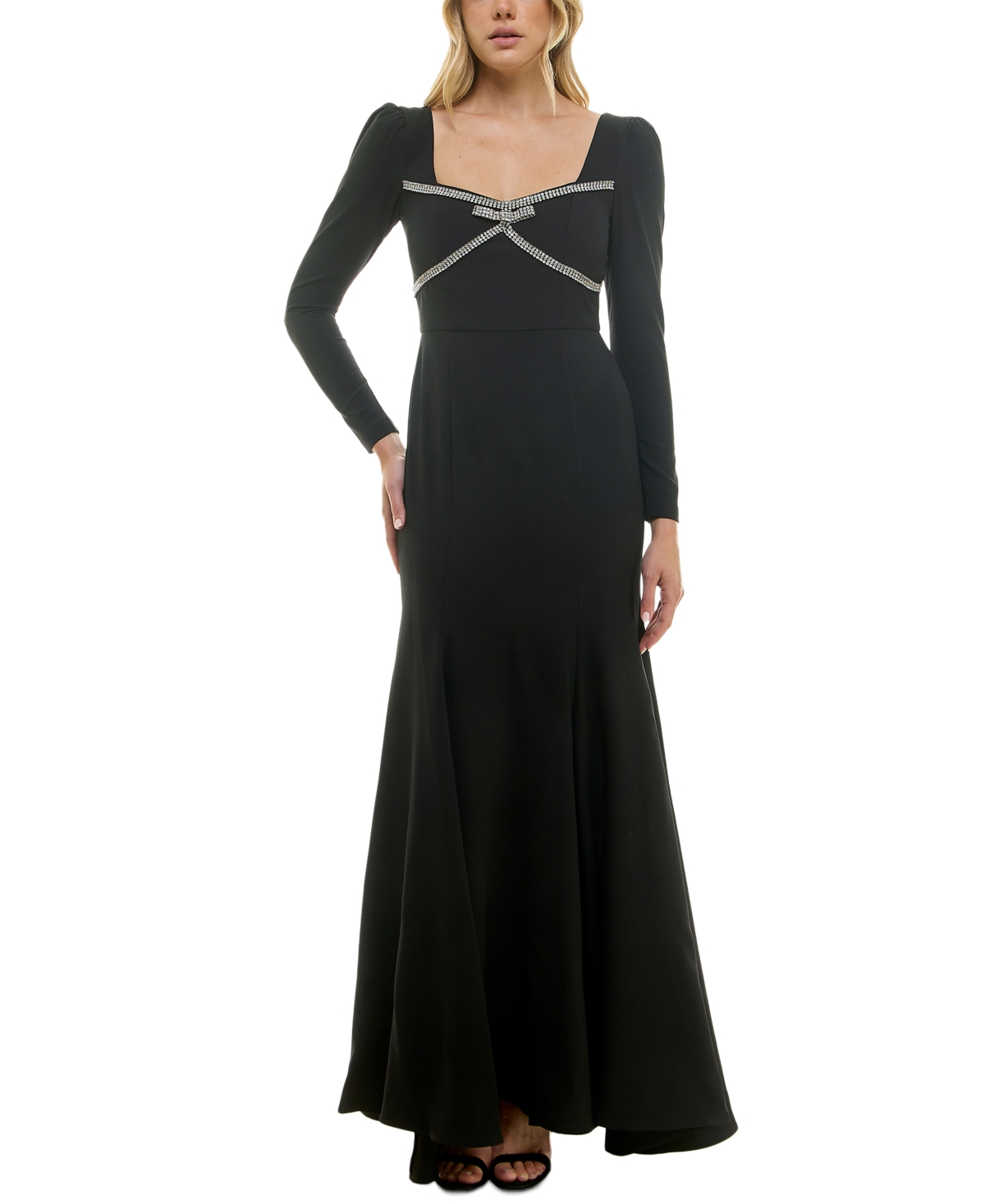 Women's Rhinestone-Trim Long-Sleeve Gown - Ebony