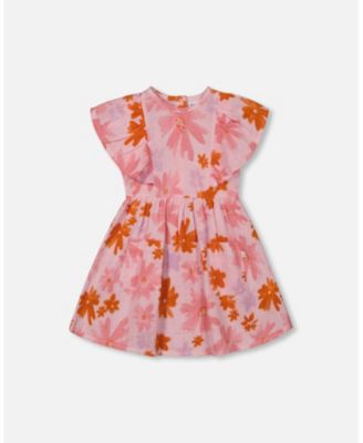 Deux Par Deux Printed Muslin Dress - Pink And Coral Flowers