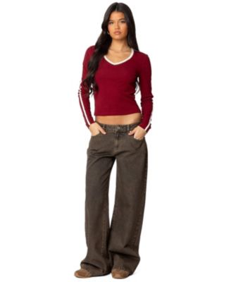 Womens Contrast V Neck Long Sleeve T Shirt