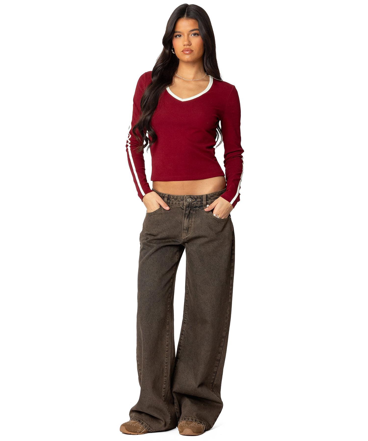 Women's Contrast V Neck Long Sleeve T Shirt
