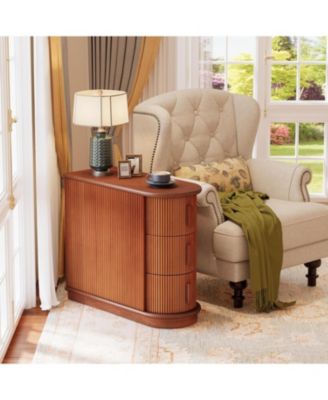 Set of 2 Solid Wood End Tables, 3-Drawer Slim Sofa Side Tables, No Assembly, Finished Back, Walnut for Living Room/Bedroom