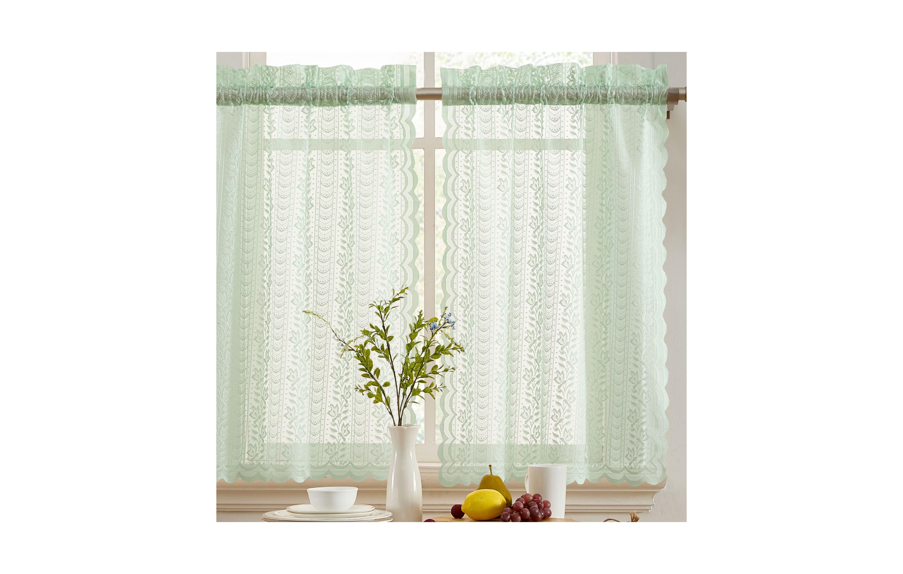 Hlc.me Sophia Floral Rod Pocket Lace Semi Sheer Voile Short Cafe Tiers for Small Windows - 28 x 36 Inch Length (Seafoam Green Tiers, Set of 2)