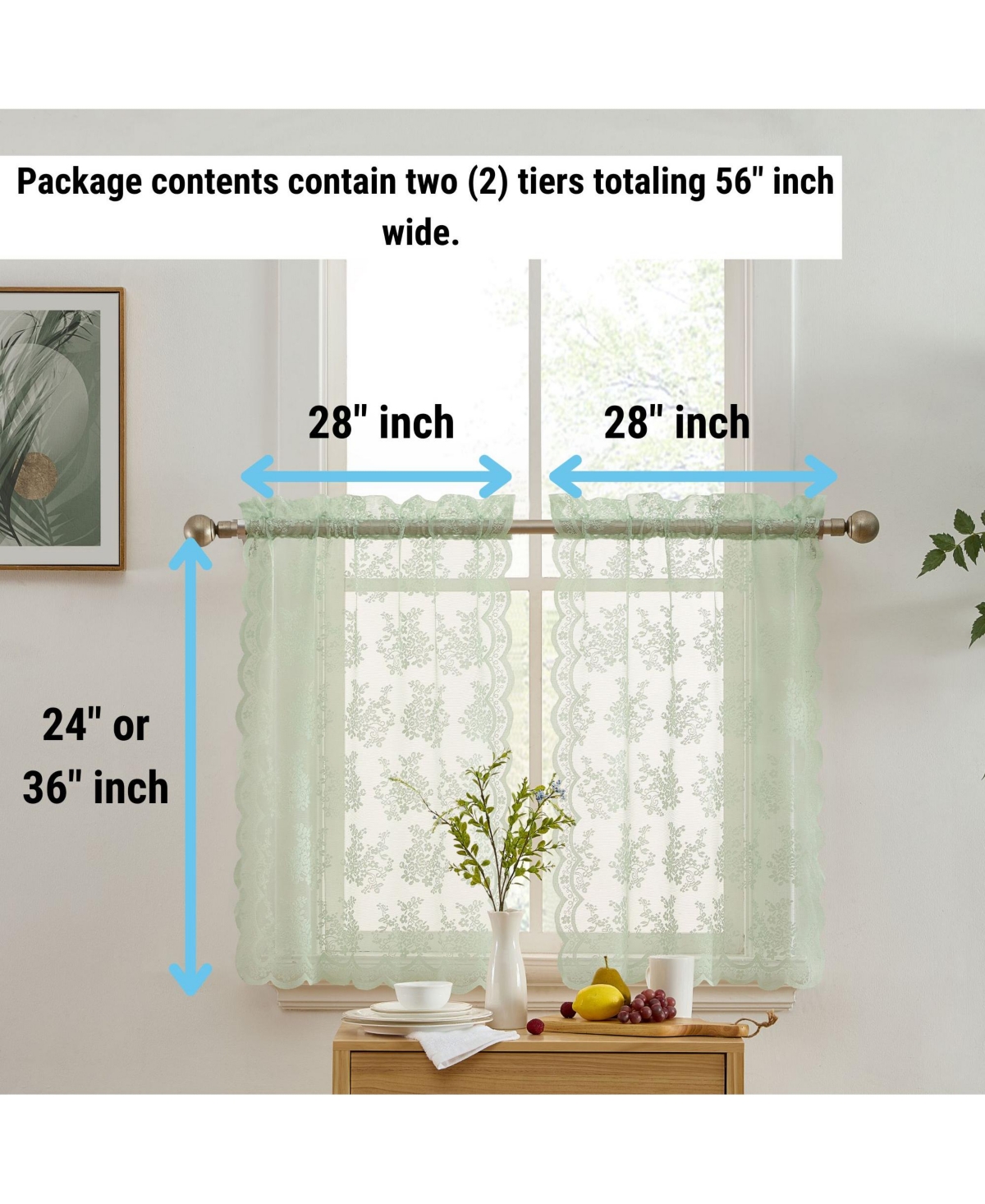 Hlc.me Jolene Floral Rod Pocket Lace Semi Sheer Voile Short Cafe Tiers for Small Windows - 28 x Inch Length (Seafoam Green Tiers