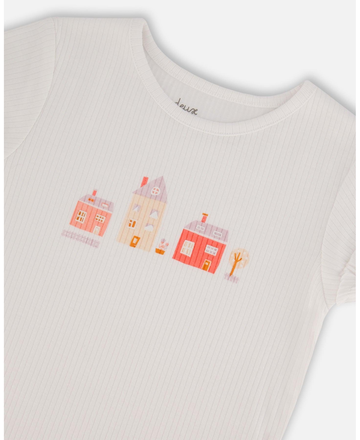 Deux par Deux Baby Girls Flat Back Rib Top With Print White And Pink House