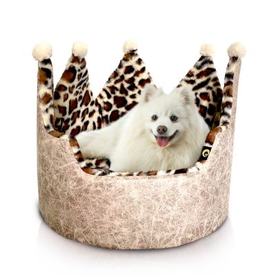 Dream Black Label Leopard Print Crown Dog Bed - Washable Round Cat Bed, Elegant Royal Design Indoor Cuddler Pet Beds for Puppy and Kitten