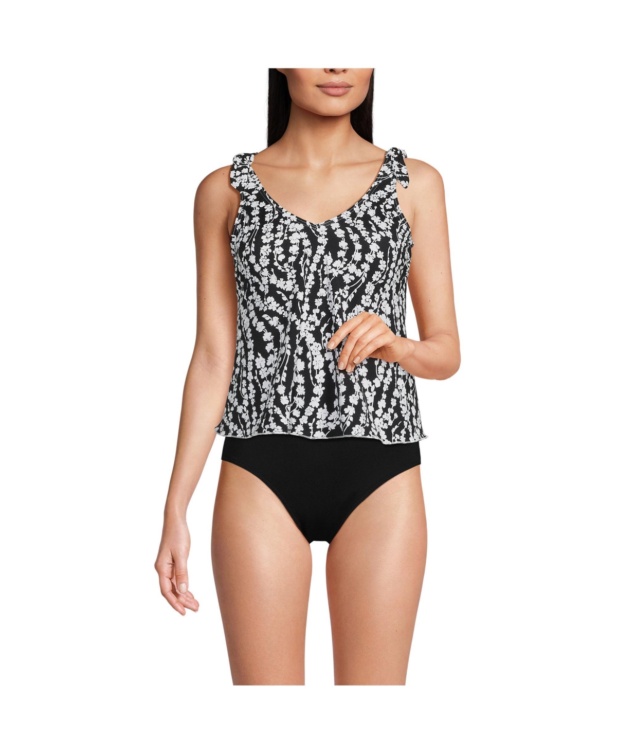 Women's Long Torso Tie Shoulder Flutter Tankini Top - Black/white vine floral