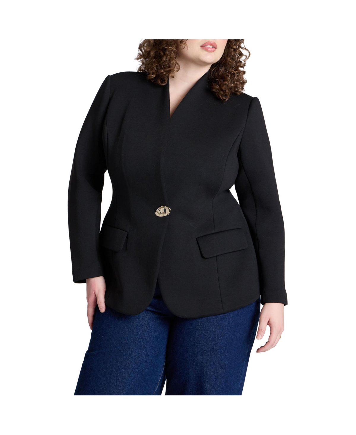 Plus Size Hourglass Blazer With Gold Button - Black