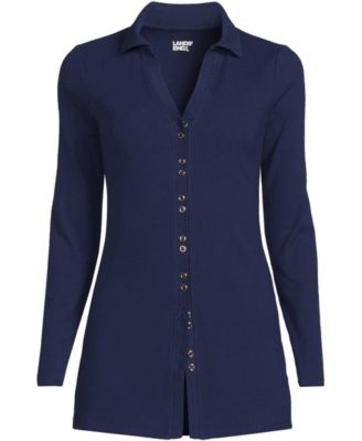 Women's Long Sleeve Polished Rib Button Through Tunic Shirt