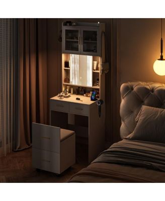 Small Vanity Desk with Mirror and LED Lights – Compact Makeup Table with Charging Station and Storage Shelves for Small Spaces