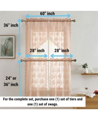 Jolene Floral Rod Pocket Lace Semi Sheer Voile Short Cafe Tiers for Small Windows - 28 x 24 Inch Length (Blush Pink Tiers, Set of 2)