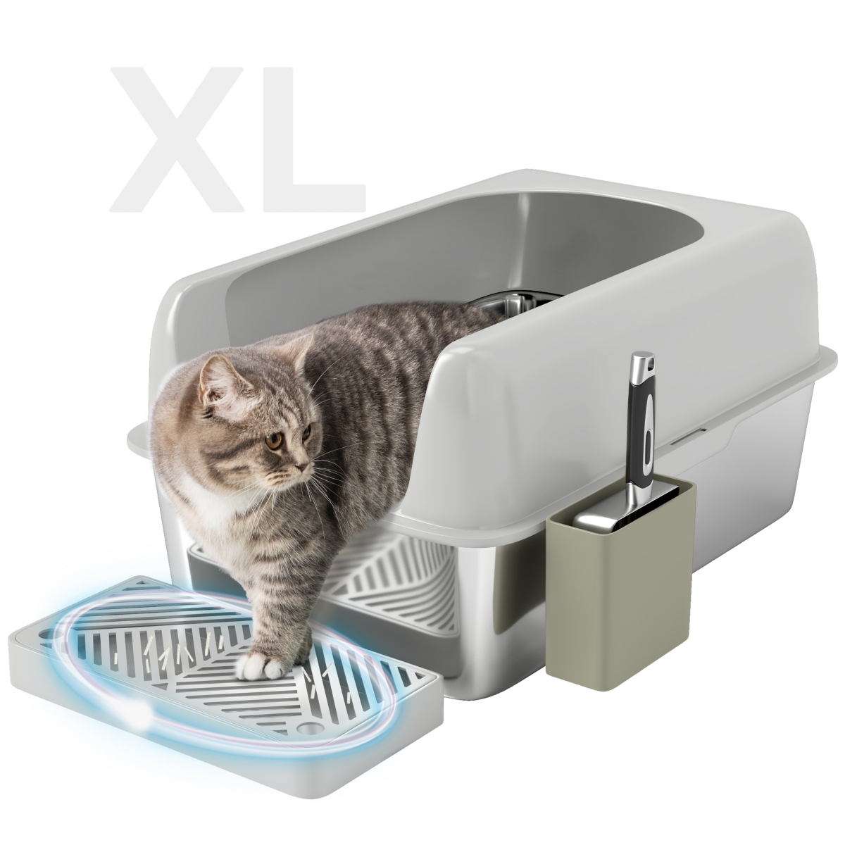 Stainless Steel Litter Box with High Sided for Anti-Urine Leakage - Light gray