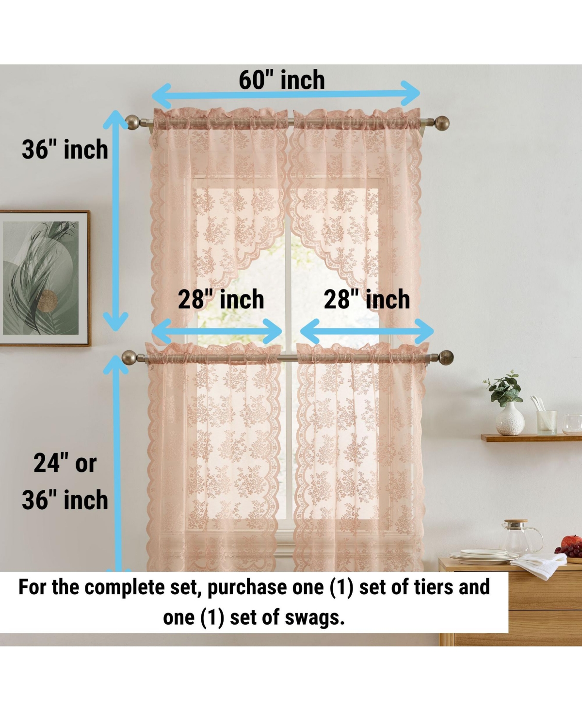 Hlc.me Jolene Floral Rod Pocket Lace Semi Sheer Voile Short Cafe Tiers for Small Windows - 28 x Inch Length (Blush Pink Tiers