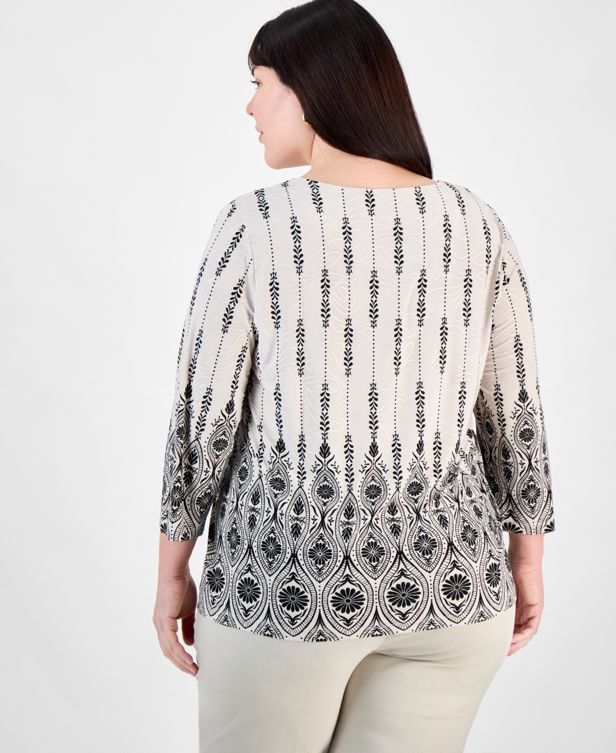Jm Collection Plus Size Printed Jacquard Scoop-neck Top, Exclusively At Macy's In Stonewall