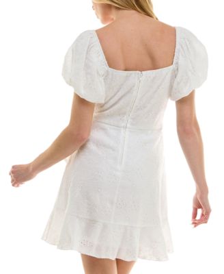Juniors' Eyelet Embroidered Puff-Sleeve Fit & Flare Dress
