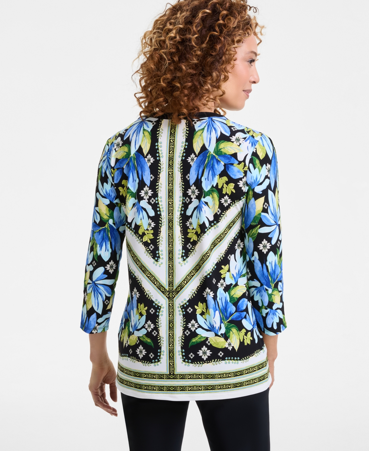 JM COLLECTION WOMEN'S PRINTED LACE-UP 3/4-SLEEVE TOP, EXCLUSIVELY AT MACY'S 