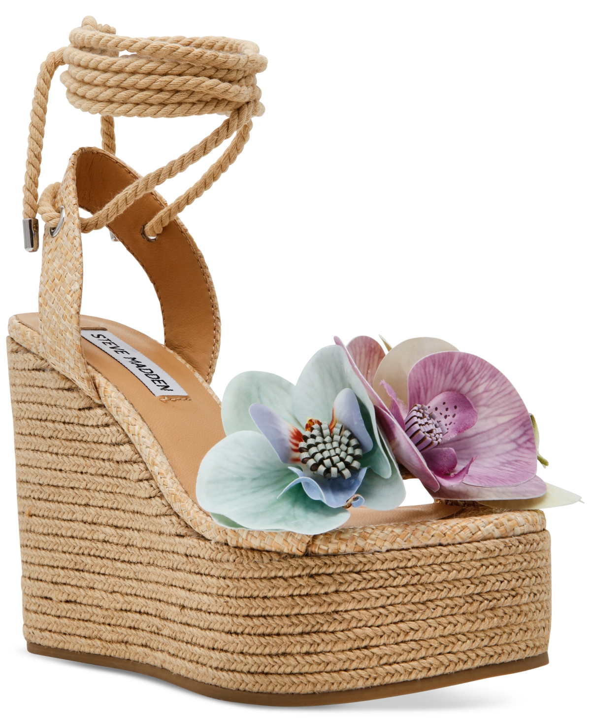 Steve Madden Women's Petal Floral Lace-up Wedge Sandals In Natural Raffia