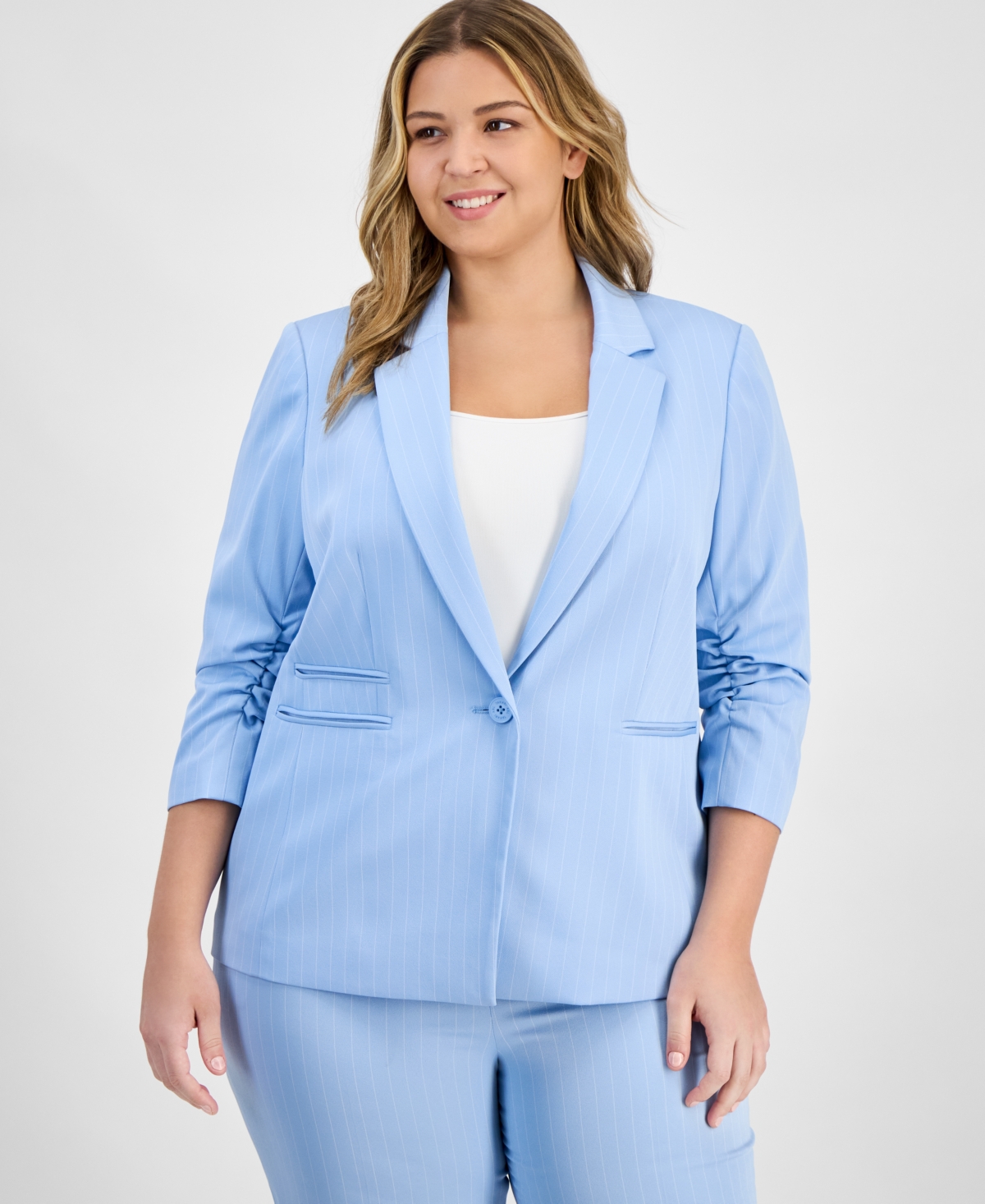 Plus Size Striped Ruched-Sleeve Blazer - Ice Blue