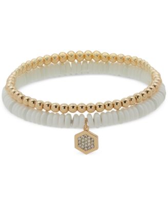 DKNY - Gold-Tone 2-Pc. Set Pav&eacute; Hexagon Charm Beaded Stretch Bracelets