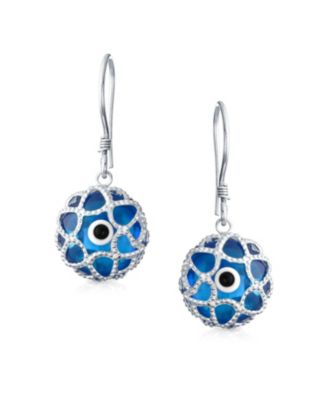 Blue Nazar Evil Eye Filigree Dangle Earrings Murano Glass & Sterling Silver