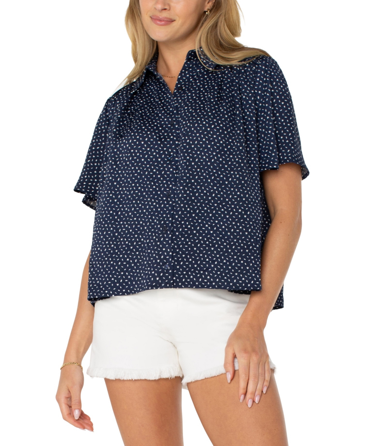 Women's Half Sleeve Button Front Top - Navy White Ditsy