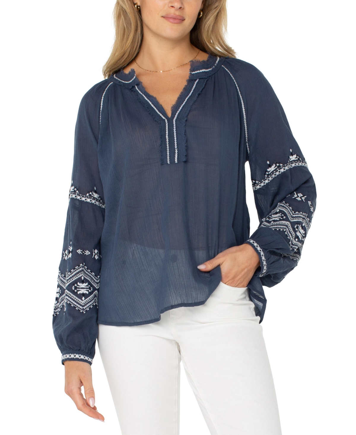Women's Long Sleeve Embroidered Top - Insignia Blue with Embroidery