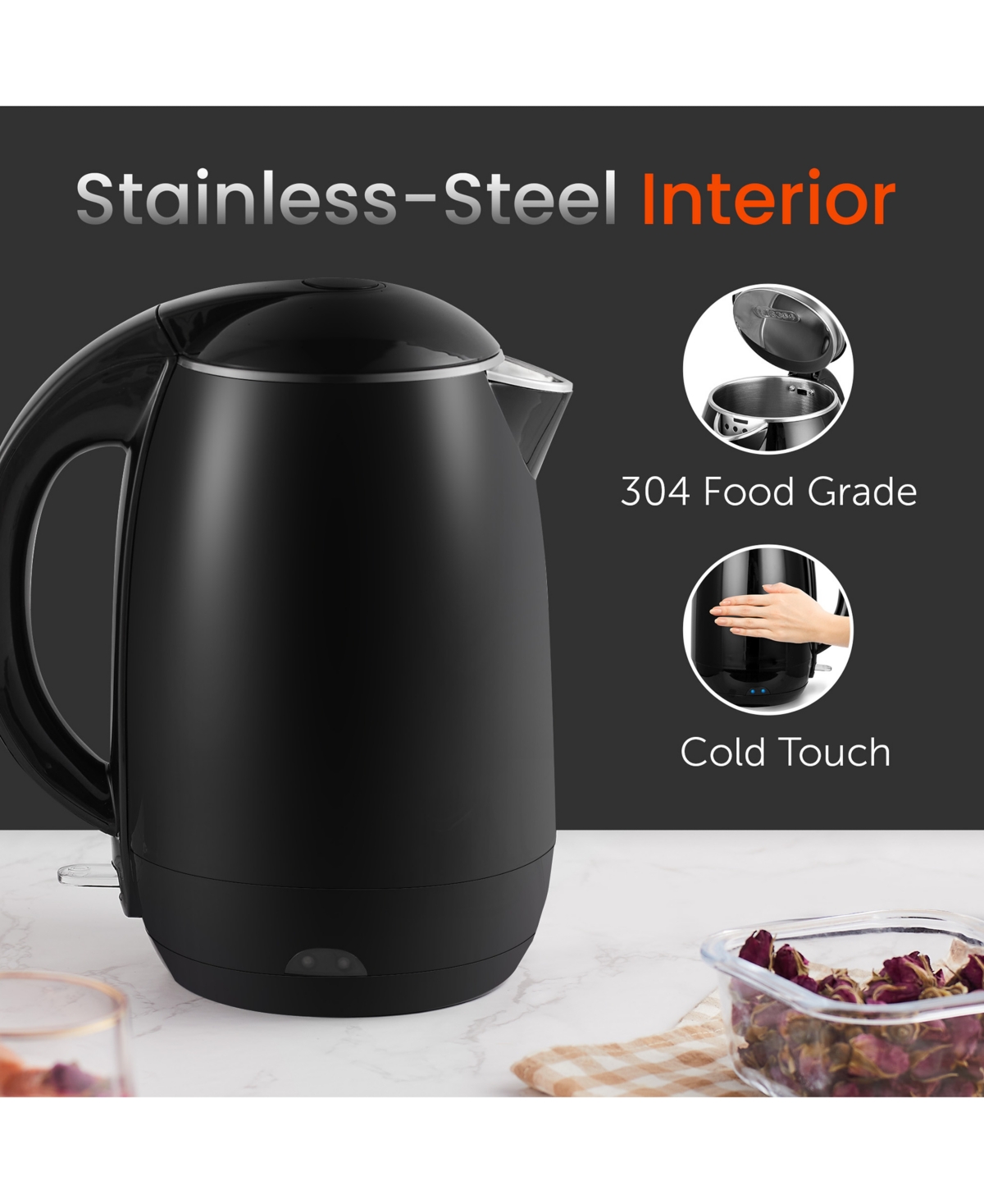 Elite Cuisine 1.8-qt. Cool-touch Electric Kettle With Stainless Steel Interior In Black