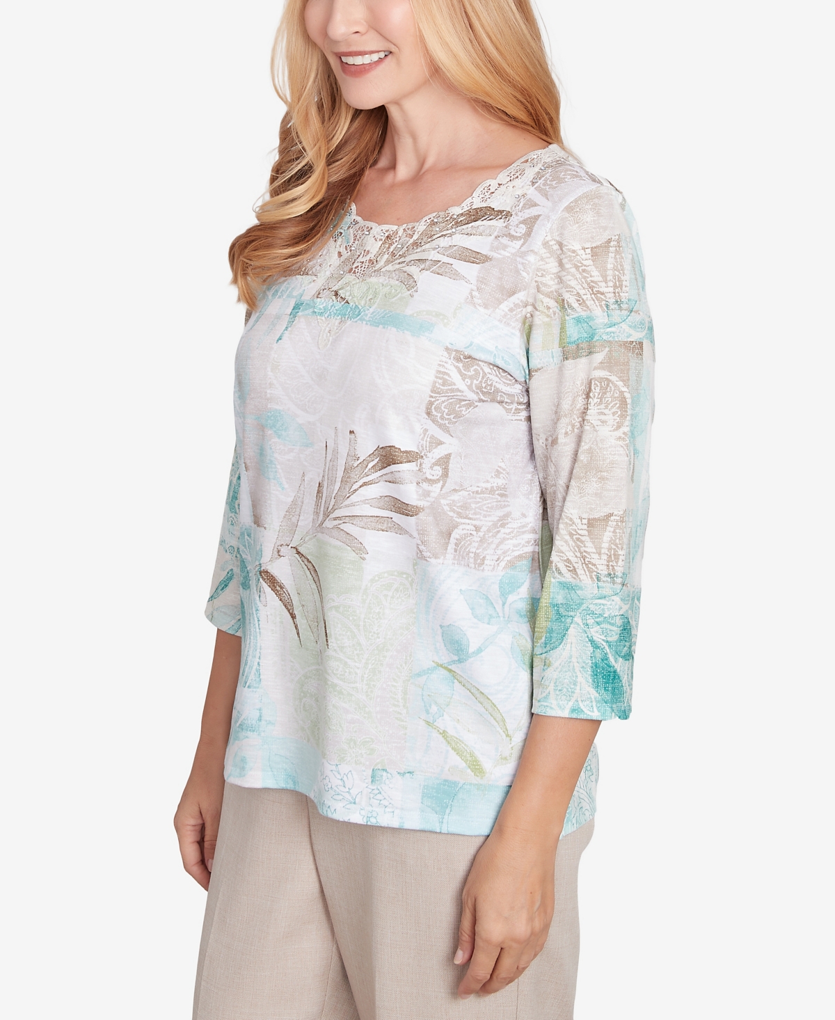 Alfred Dunner Petite Kensington Gardens Patchwork Leaves Textured Top In Neutral Multi