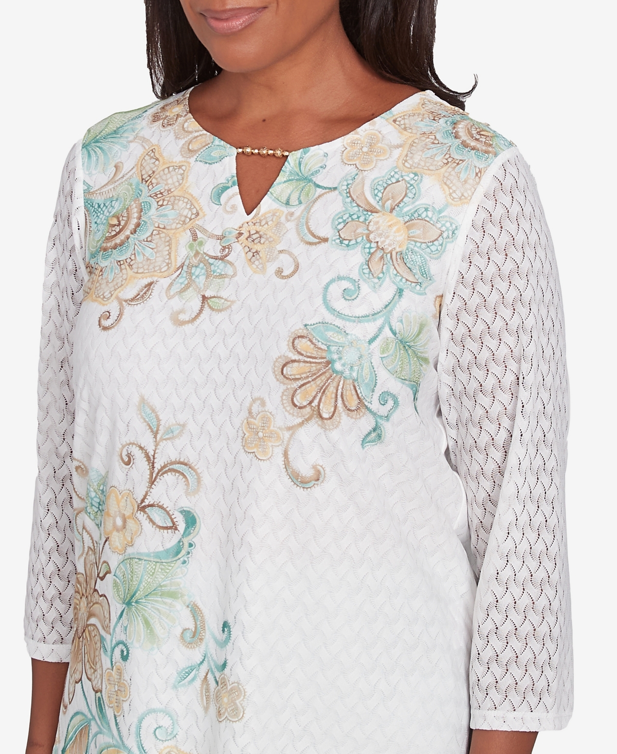 Alfred Dunner Petite Kensington Gardens Textured Knit Scroll Split Neck Top In Neutral Multi