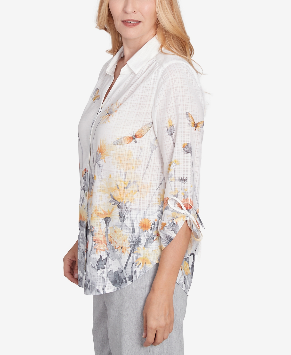 Alfred Dunner Petite Dress Code Button Down Butterfly Floral Top With Necklace In Multi White