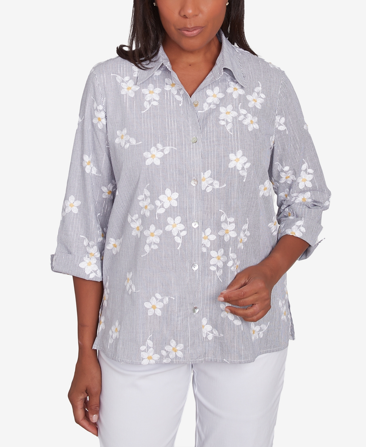 Women's Dress Code Flower Embroidered Button Down Striped Top - Pearl
