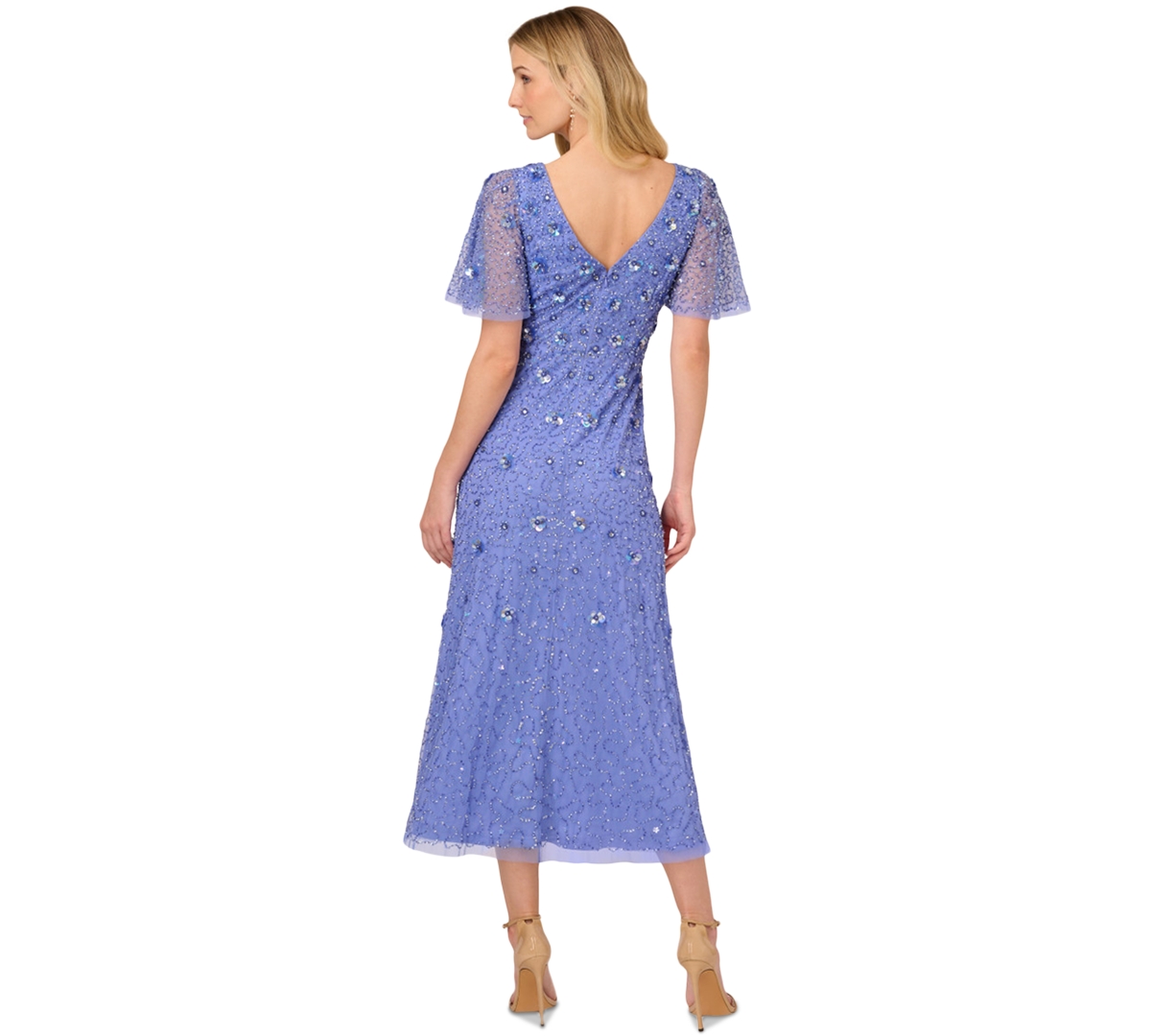ADRIANNA PAPELL WOMEN'S BEAD MESH FLUTTER-SLEEVE DRESS 
