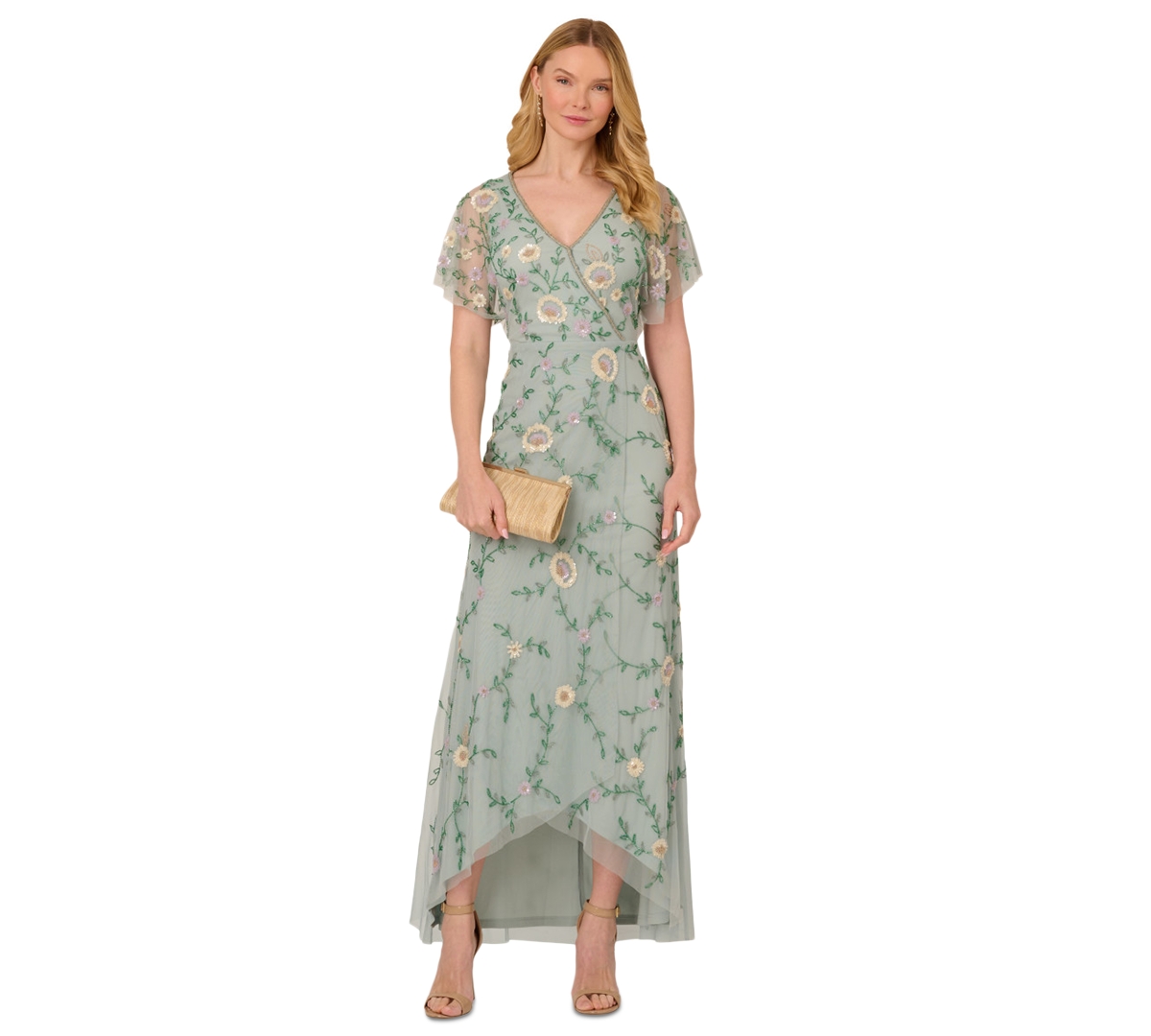 ADRIANNA PAPELL WOMEN'S BEAD FLUTTER-SLEEVE MIDI MESH DRESS 