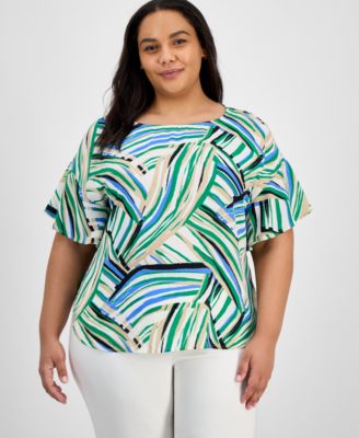 Anne Klein - Plus Size Printed Flutter-Sleeve Blouse