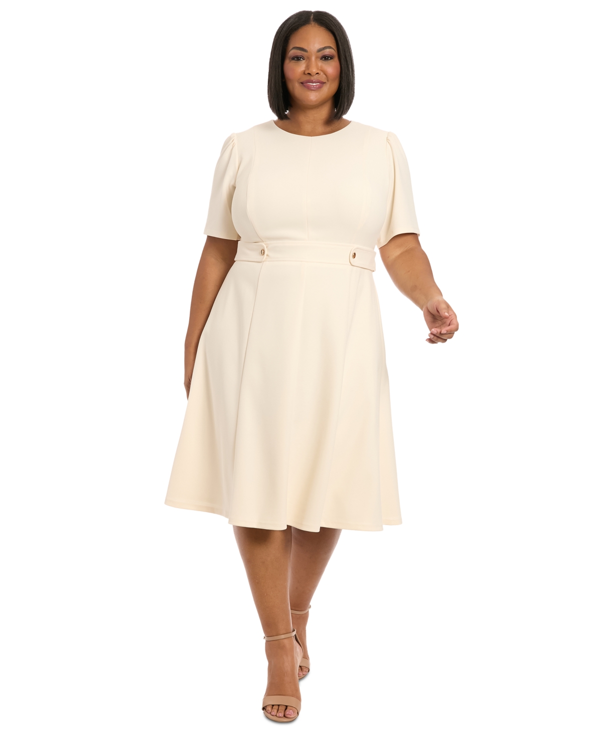 London Times Plus Size Crewneck Button-tab Short-sleeve Midi Dress In Sugar Ivory