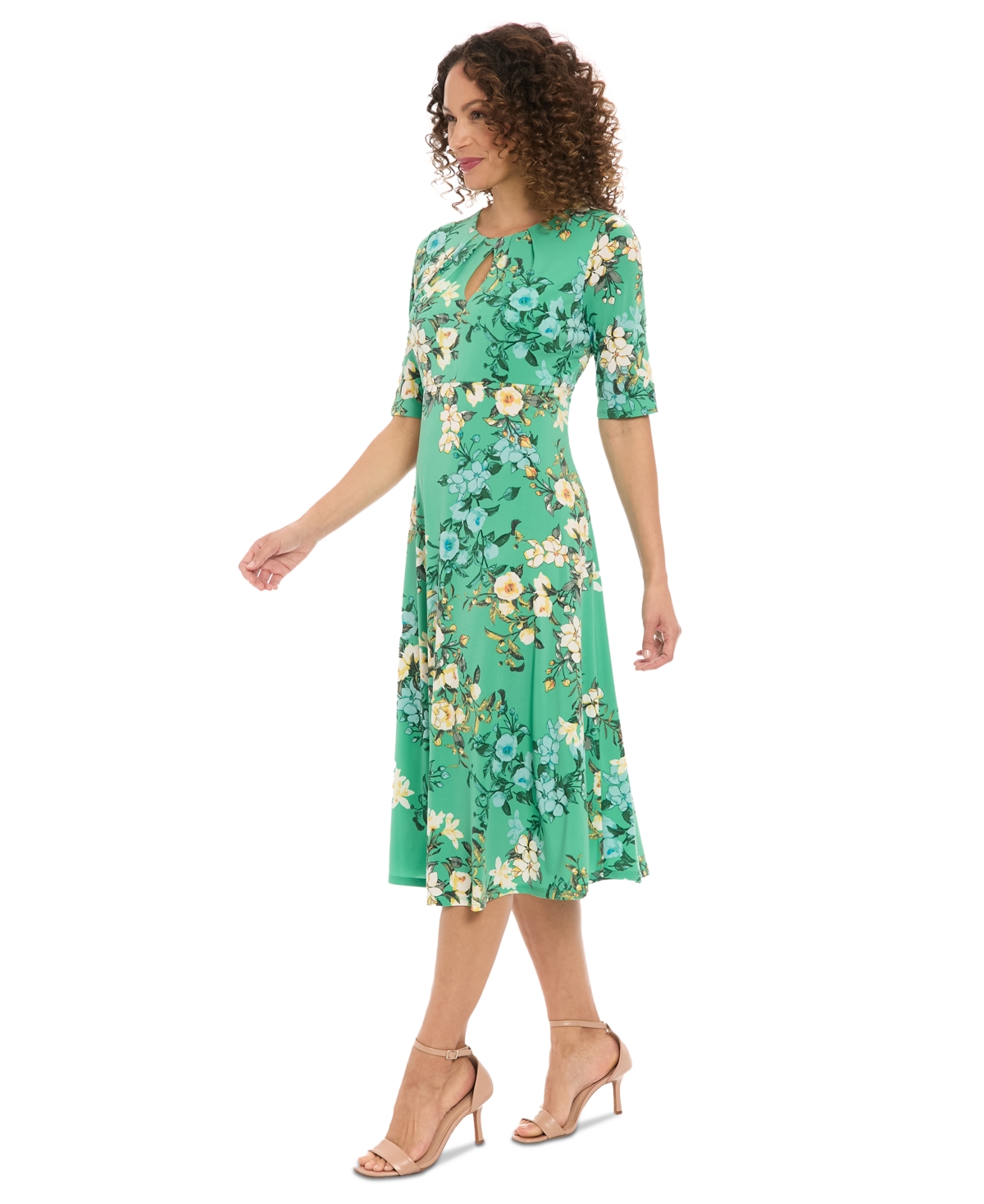 London Times Plus Womens Floral Print Calf Midi Dress In Green Coral