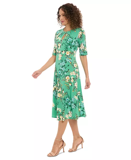 petite printed keyhole elbow-sleeve midi dress