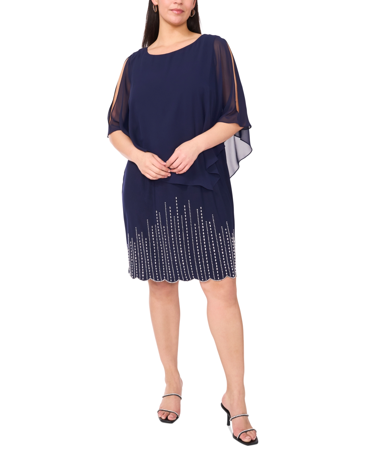 Plus Size Beaded Cape-Overlay Shift Dress - Navy
