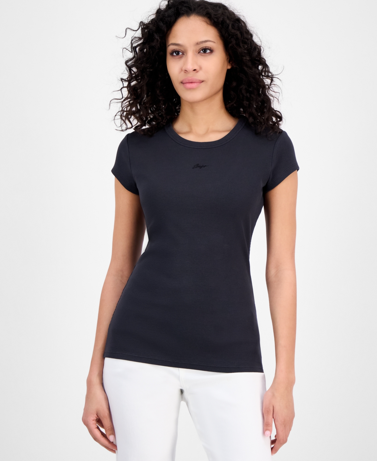 Women's Ribbed Open-Back Short-Sleeve Jersey Top - Black