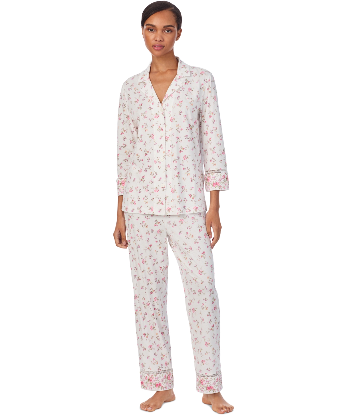 Shop Ralph Lauren Women's 3/4-sleeve Ankle-pant Pajama Set In Ivory Floral