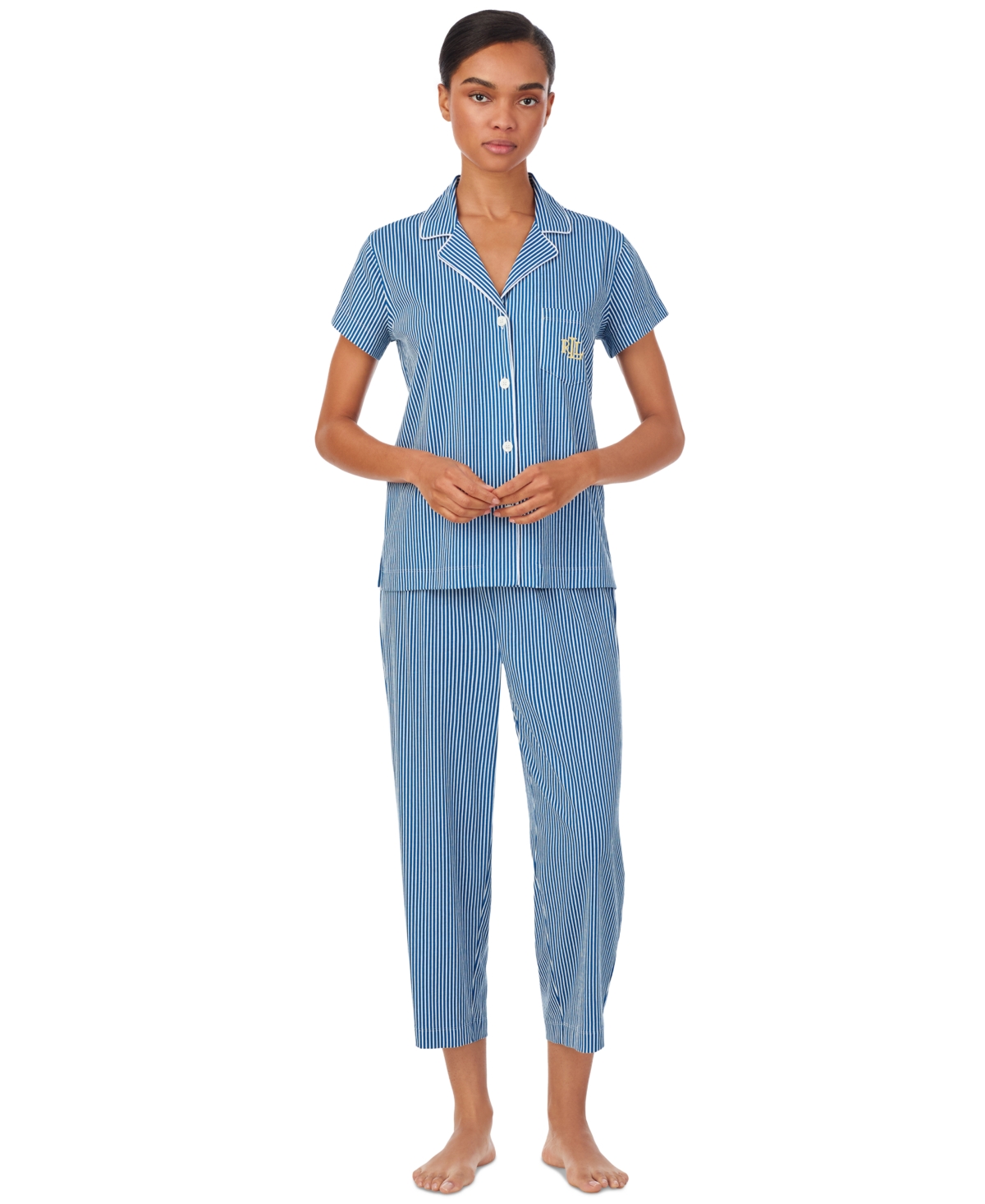 Petite Short-Sleeve Cropped Pajama Set - Dark Blue Stripe