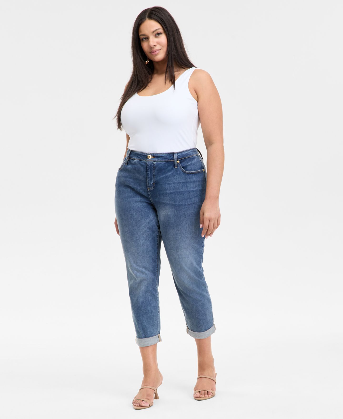 Женские джинсы I.N.C. International Concepts Plus Size Slim Tech Rolled-Cuff Boyfriend, цвет: Средний индиго — фото 1