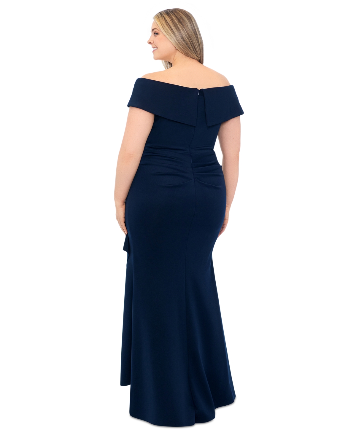 Xscape Ruffle Sleeve Off The Shoulder Scuba Crepe Sheath Gown In Midnight