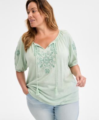 Style & Co - Plus Size Embroidered Knit Peasant Top
