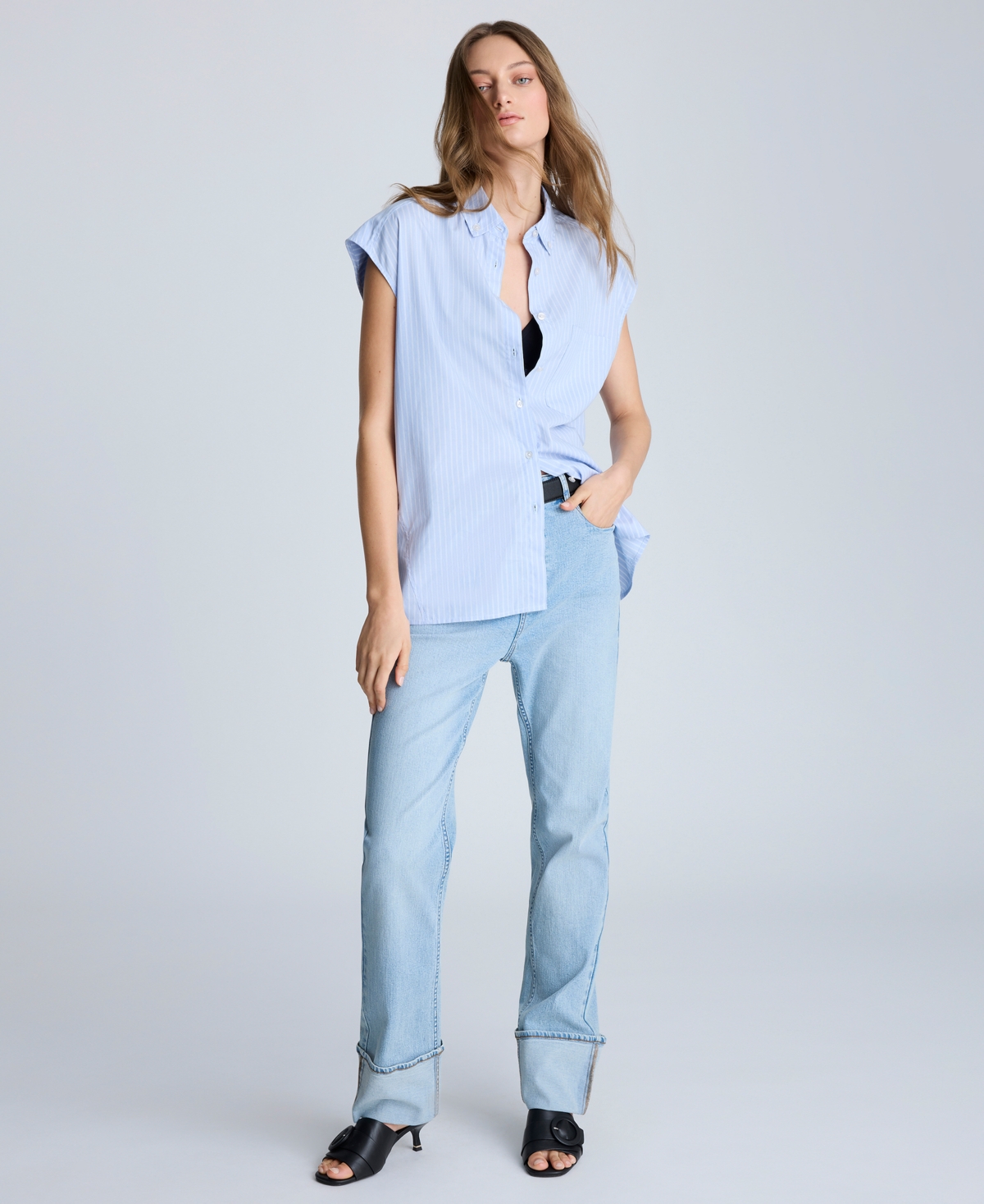 Kenneth Cole Oversize Stripe Cap Sleeve Button-down Shirt In Blue