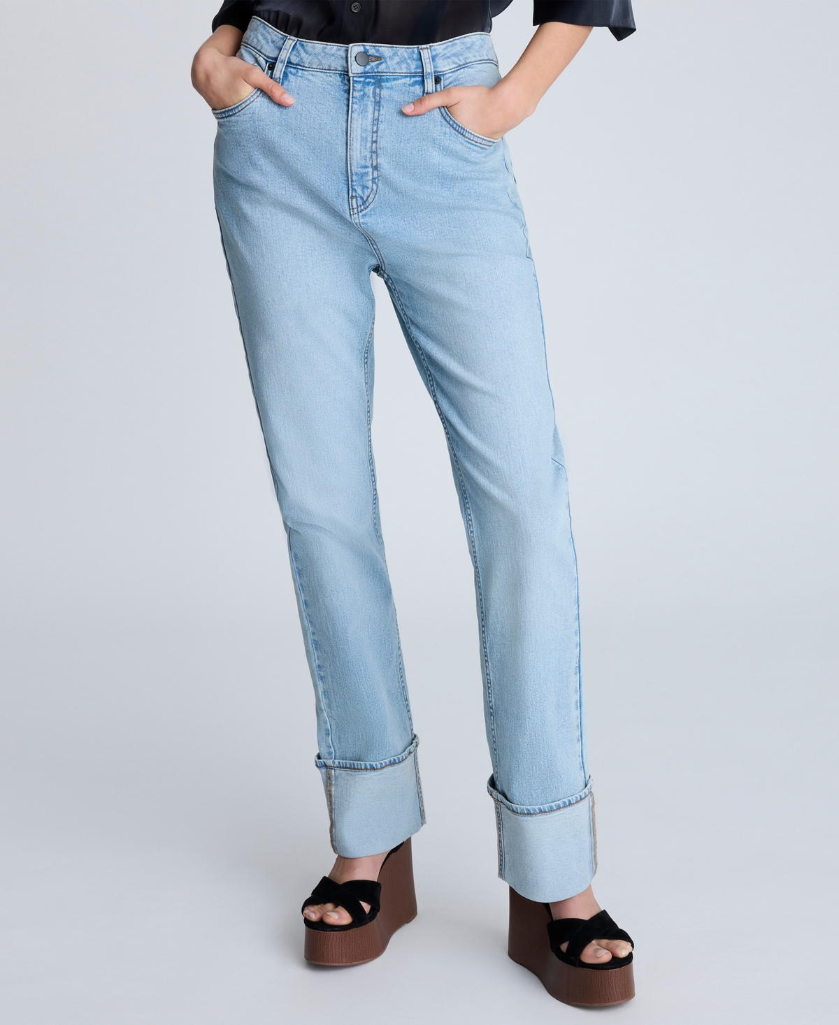 Women's High-Rise Wide-Cuff Straight-Leg Jeans - Light Blue Wash