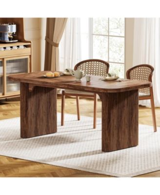 Farmhouse Dining Table for 4-6 People, 62-Inch Modern Kitchen Table with Double Robust Pedestal, Long Rectangular Wooden Dinner Table for Dining Room (Only Table)