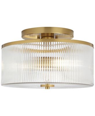 McKenzie 14" Mid Century Modern 2-Light Semi Flush-Mount Ceiling Light Fixture Kitchen Foyer Hallway Drum Round Warm Brass Finish Ribbed Glass Metal Bedroom Bathroom Entryway - Possini Euro Design