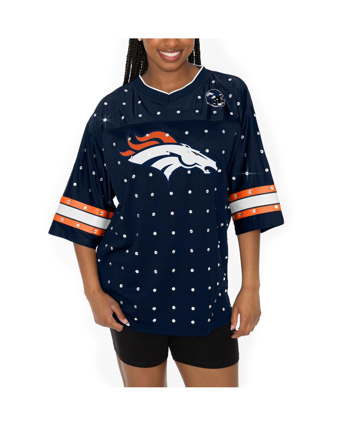 Shop Gameday Couture Women's Navy Denver Broncos Kickoff Time Allover Rhinestone Sports Stripe Jersey V-neck T-shirt