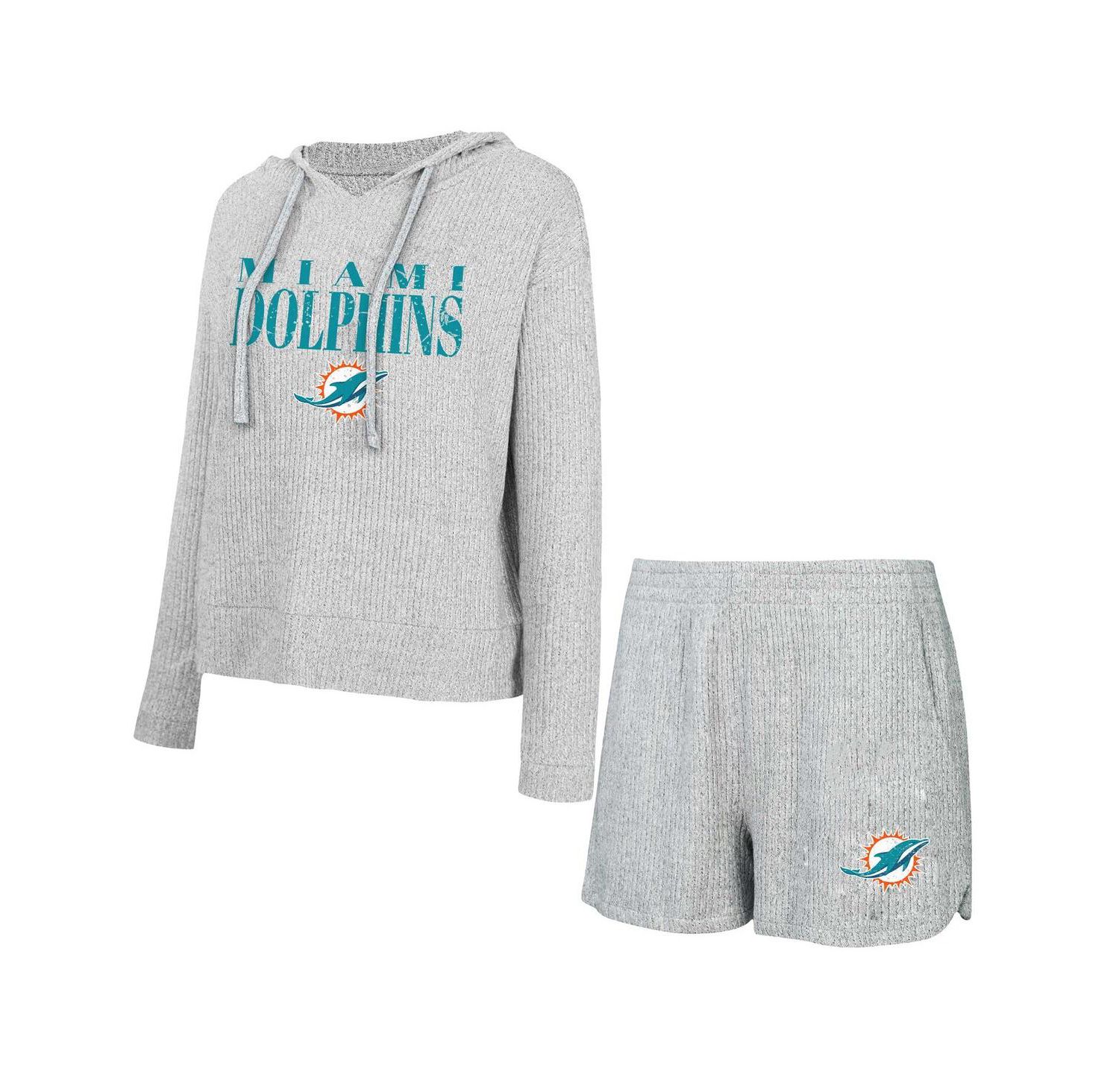 Women's Gray Miami Dolphins Juniper Long Sleeve Hoodie T-Shirt Shorts Set