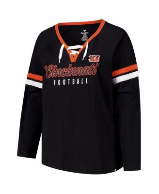Women's Black Cincinnati Bengals Plus Size Won Done Lace-Up V-Neck Long Sleeve T-Shirt